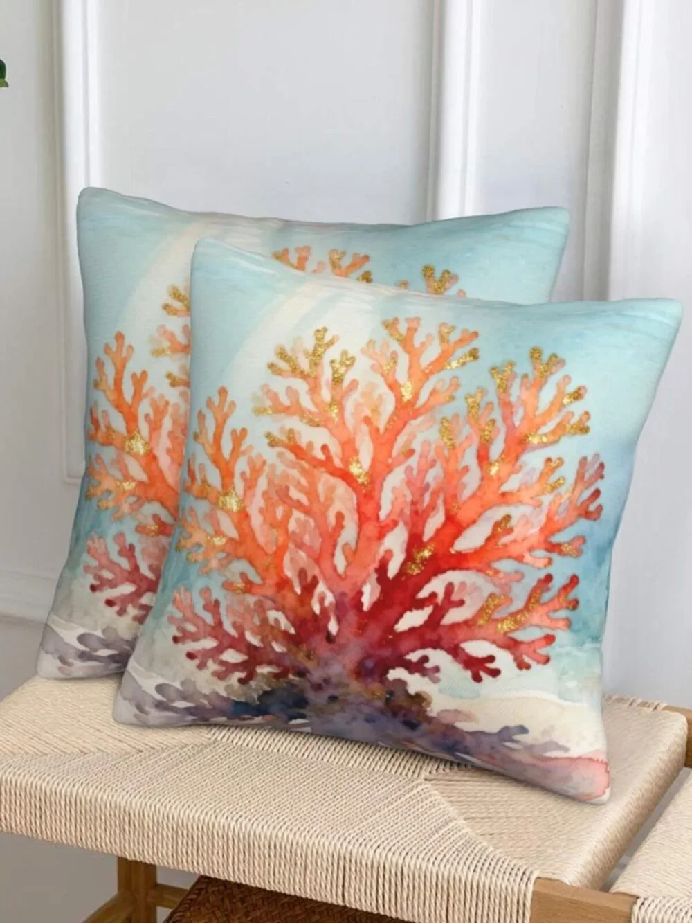 Coastal Beach Coral Throw Pillow Covers 18x18 in Set of 2, Decor Decorative Blue